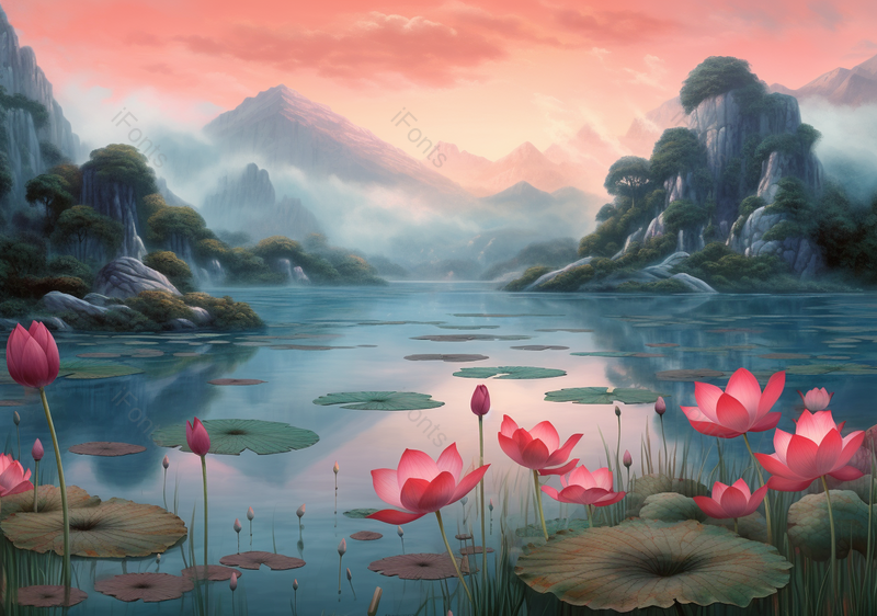 唯美国风意境插画夏季山水荷花图,插画/手绘图,插画/手绘图库,插画/手绘图下载,插画/手绘